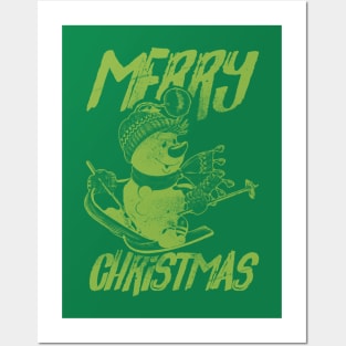 Skiing Snowman - Merry Christmas - Green Posters and Art